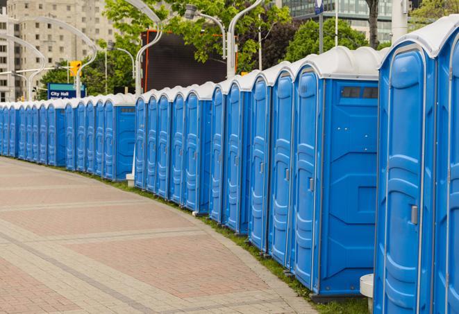 hygienic portable restrooms lined up at a music festival, providing comfort and convenience for attendees in Friendswood TX